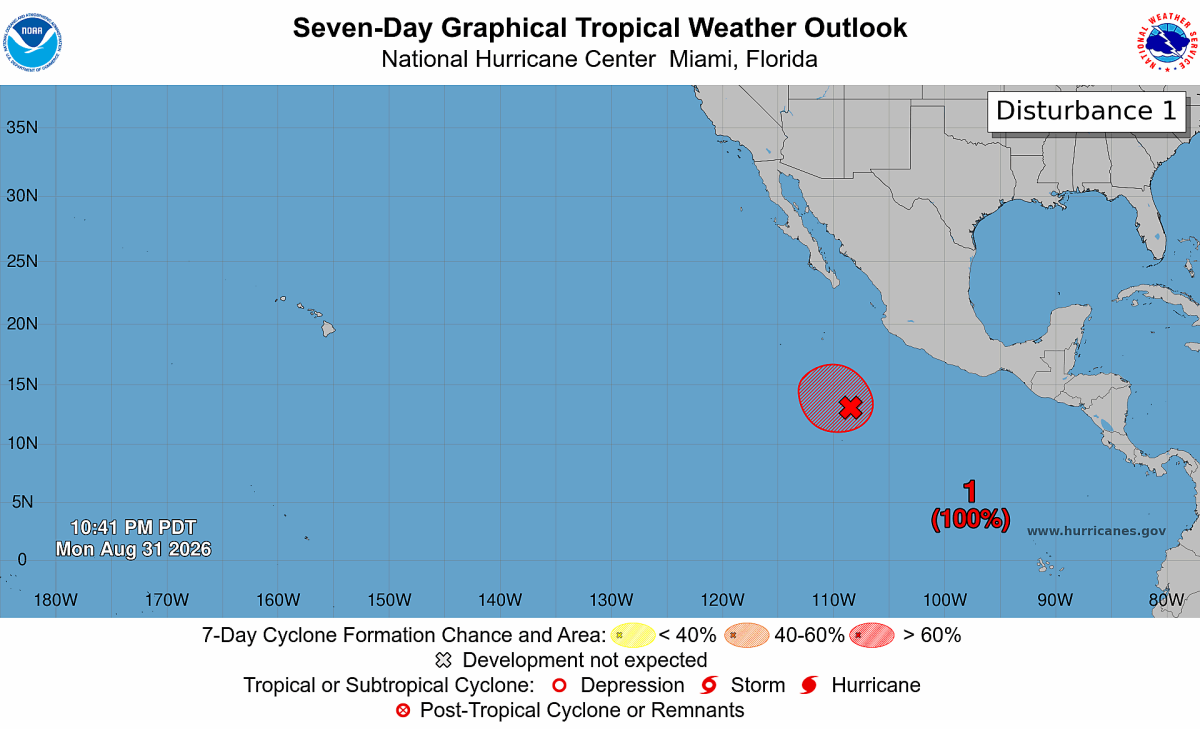 An area of showers and thunderstorms, marked as an "X," may strengthen into a tropical storm. 