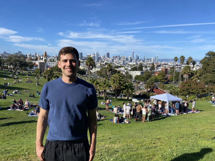 Alex Brenner at Mission Dolores Park. He and his fiancée stood in line at a nearby open house for an apartment that ended up not even having a living room.