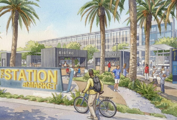 A digital rendition of people standing in an area with small stores, including one person walking a bike. Signage in the foreground reads "The Station at Market."