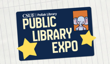 A library card graphic that reads, "CSUF Pollak Library Public Library Expo"