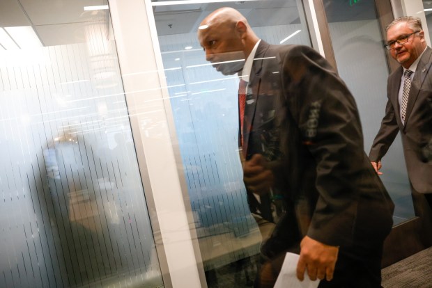 Former San Francisco 49ers star Dana Stubblefield leaves a press conference in downtown San Jose, Calif., on Wednesday, Feb. 12, 2025. (Shae Hammond/Bay Area News Group)