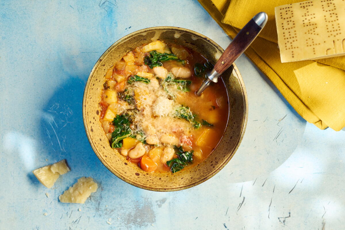 A bowl of chunky, hearty soup