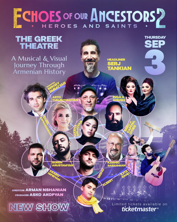 Poster for 'Echoes of Our Ancestors 2: Heroes and Saints' at The Greek Theatre, Sep 3, featuring headliner Serj Tankian and other performers in circular photo grid.