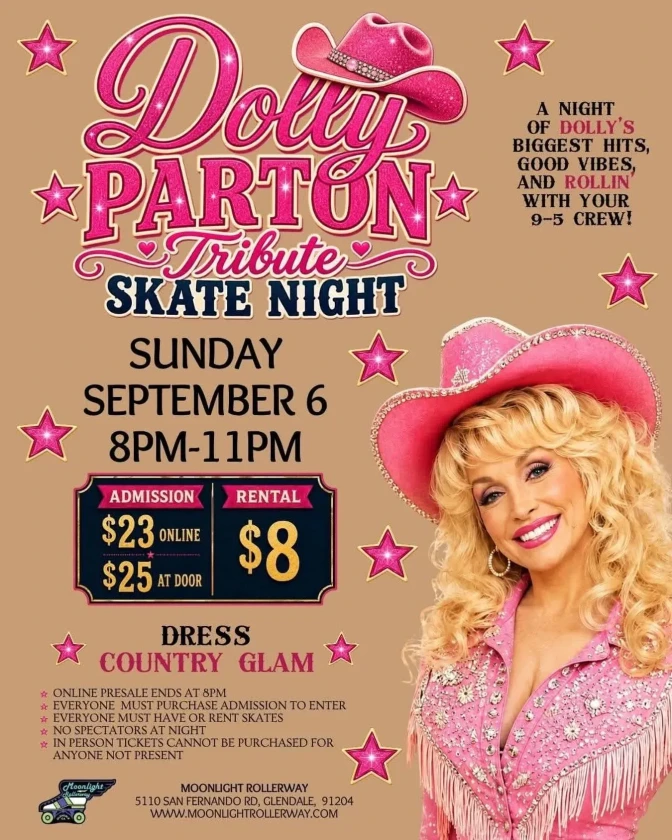 Flyer for a Dolly Parton tribute skate night on September 6 at Moonlight Rollerway, featuring a pink cowboy hat and stars.