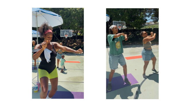 People dance on outdoor basketball court, one on a yoga mat near a sun umbrella, others nearby.