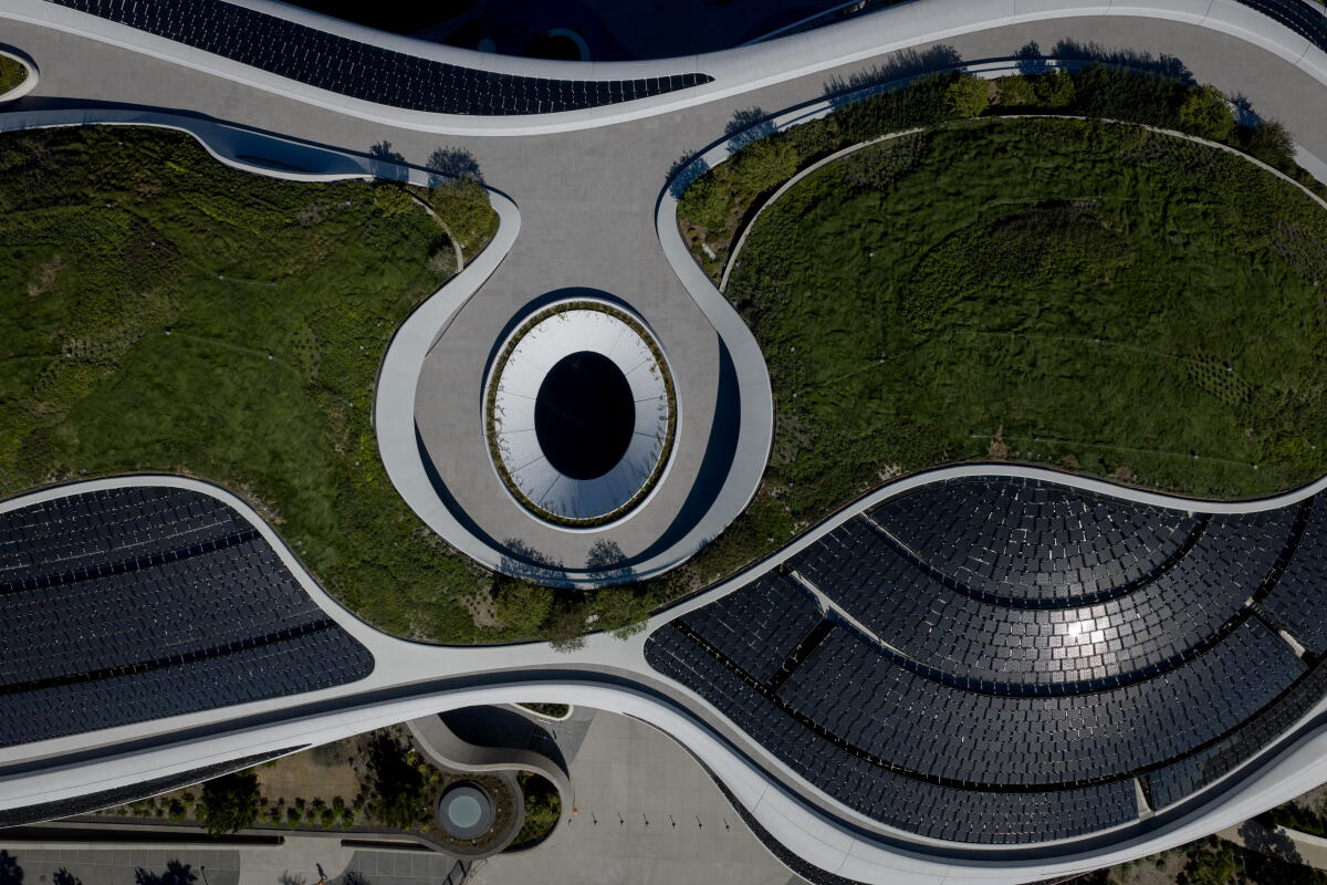 A drone view of the Lucas Museum of Narrative Art.