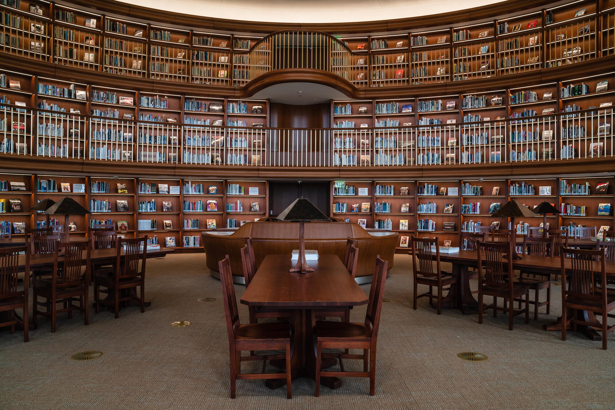 A library full of dark wood and books.