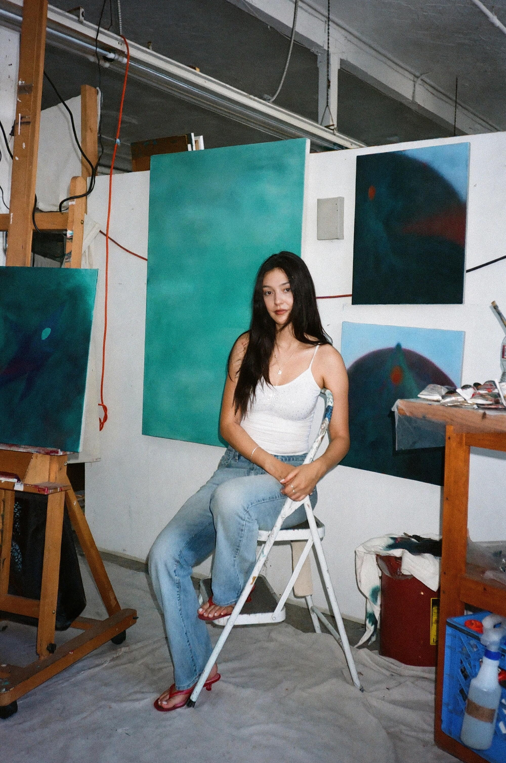 Samala Meza in her DTLA studio with works in progress.