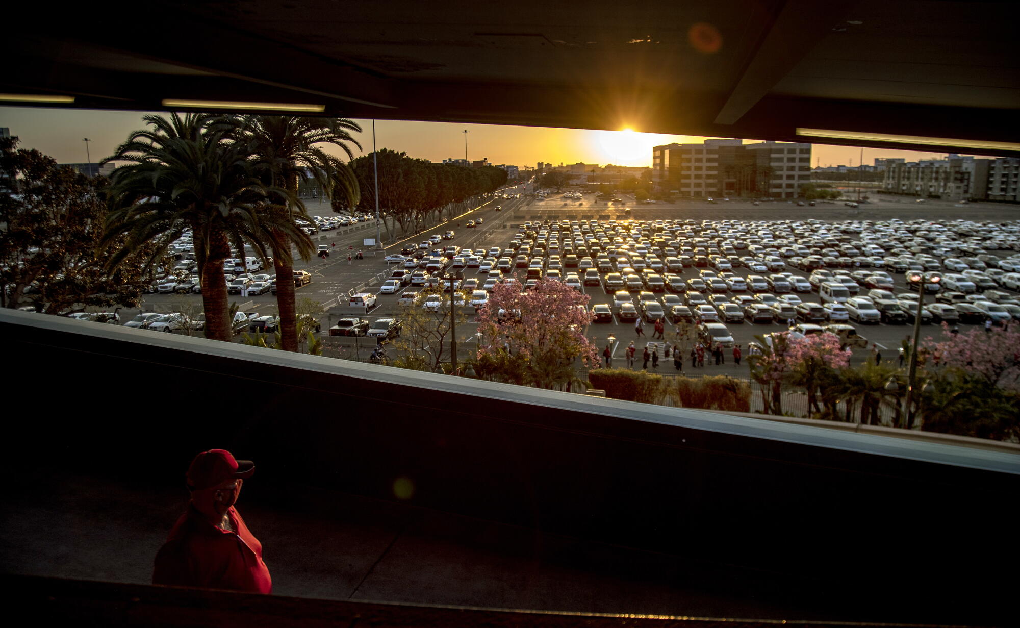 Cars filled the parking lot at Angel Stadium for the team's home opener against the Chicago White Sox on April 1, 2021.