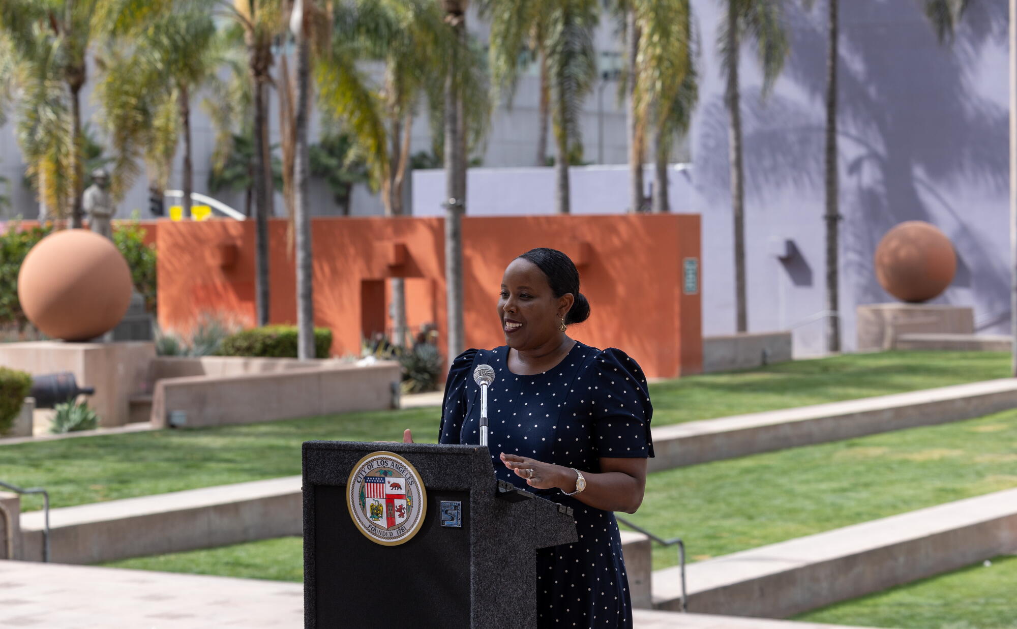 Robynn Cox speaks at press conference to rename Pershing Square to Biddy Mason Park.