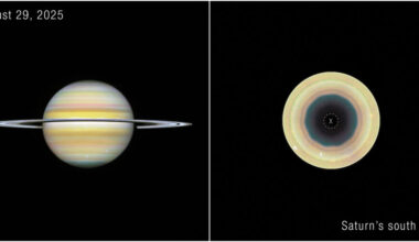 Two views of Saturn from NASA’s Hubble Space Telescope reveal a giant, evolving 10-sided atmospheric wave encircling the planet’s south pole. The feature, called a decagon, is the first large, persistent, regular-sided pattern observed at Saturn’s southern hemisphere.  By comparing observations taken over several years, researchers found that the pattern has become increasingly distinct since 2023, suggesting they may be witnessing a new atmospheric phenomenon develop on the gas giant. The observations, captured by Hubble's Wide Field Camera 3, were made as part of Hubble’s Outer Planet Atmosphere’s Legacy (OPAL) program, which has monitored the Jupiter, Saturn, Uranus, and Neptune for more than a decade.  The “X” and dashed circle in the image on the right represent where data was not captured by Hubble. Image: NASA, ESA, STScI, Agustin Sánchez-Lavega (UPV), Amy Simon (NASA-GSFC), Michael Wong (UC Berkeley); Image Processing: Alyssa Pagan