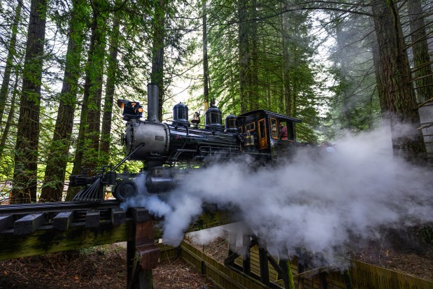 A steam train operated by engineer Bailey de Vries travels over a trestle bridge along the 1.25 mile track at the Redwood Valley Railway at Tilden Regional Park in Orinda, Calif., on Monday, Aug. 31, 2026. Visitors are treated to a 12-15 minute ride on a 15-inch gauge track which was built back in 1952. (Jose Carlos Fajardo/Bay Area News Group)