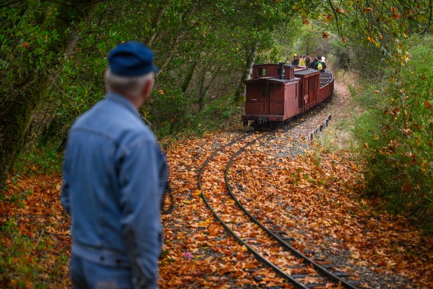 Engineer Dave Peterson observes as a steam train driven by an engineer in training makes it's way around the Redwood Valley Railway at Tilden Regional Park in Orinda, Calif., on Monday, Aug. 31, 2026. Visitors are treated to a 12-15 minute ride on a 15-inch gauge track which was built back in 1952. (Jose Carlos Fajardo/Bay Area News Group)