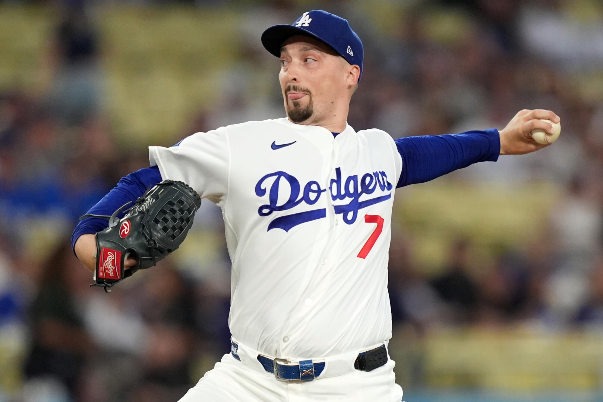 Dodgers' starting pitcher Blake Snell delivers against the Washington Nationals in the first inning Friday.