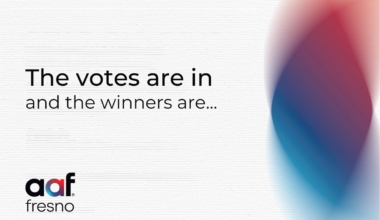 AAF Fresno graphic reading “The votes are in and the winners are…” beside the organization’s logo and a red, purple and blue abstract ribbon.