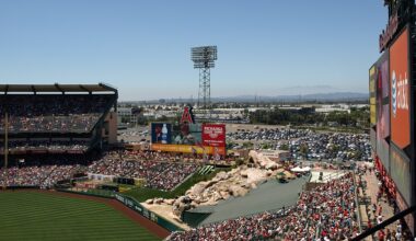 Angels baseball stadium with a packed crowd, large scoreboard, outfield rock feature, and distant view of mountains under a clear blue sky.