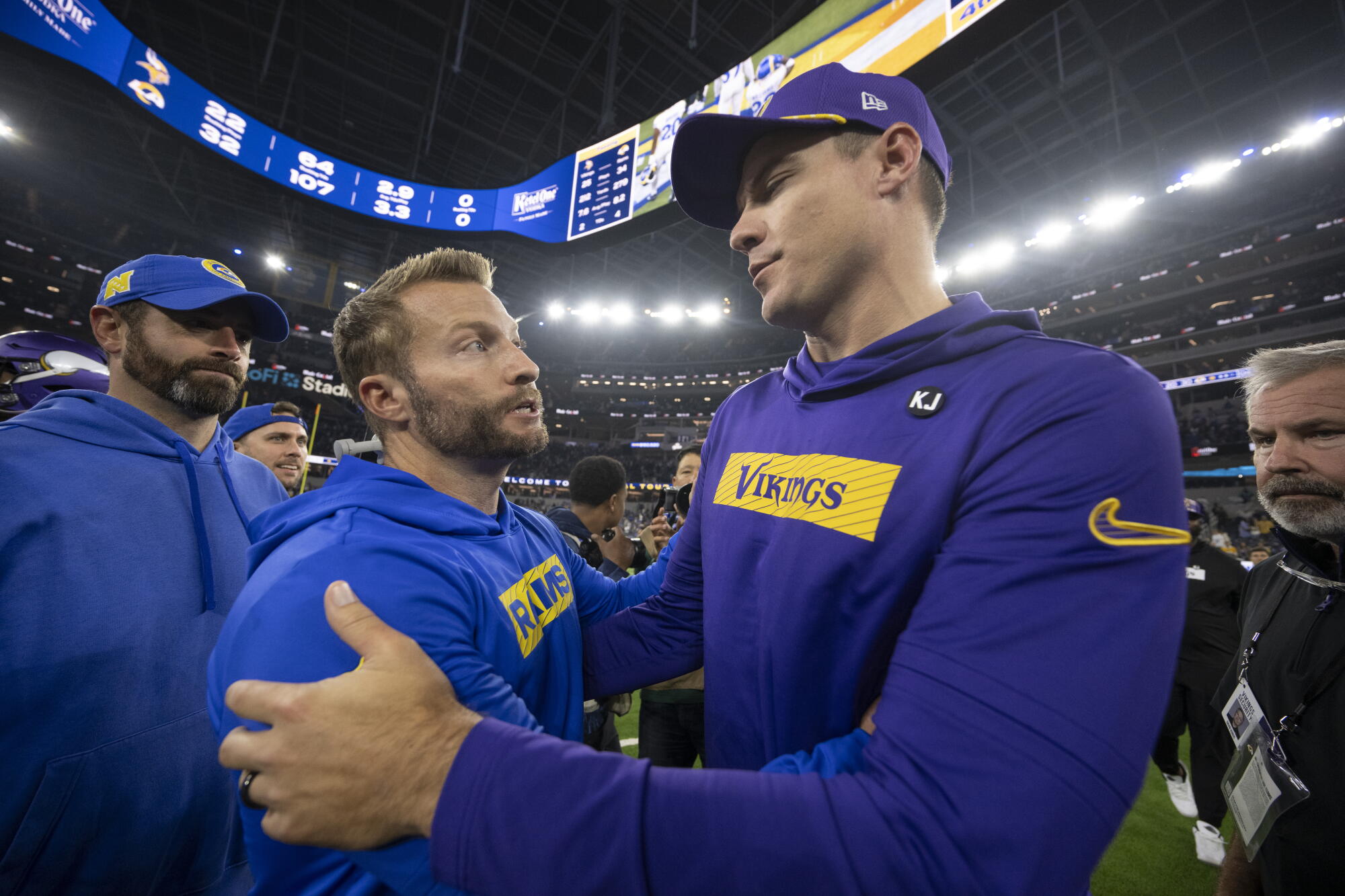 Head coaches Sean McVay of the Rams, left, and Kevin O'Connell of the Vikings talk after their game in October. 