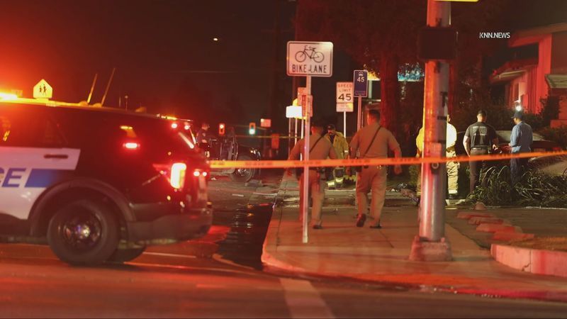 A pedestrian was killed after a vehicle allegedly involved in a pursuit with Bakersfield police was trying to avoid a spike strip and struck him early Saturday morning. PHOTO: KNN.NEWS