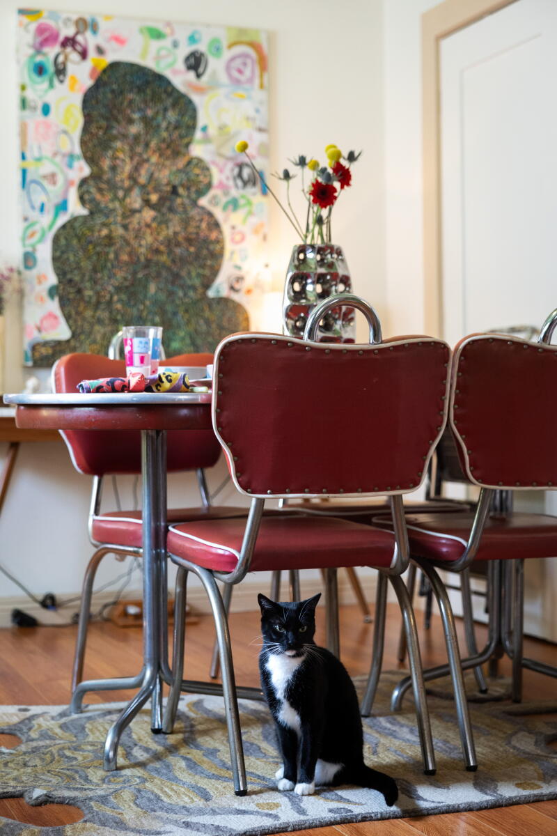 Her 3-year-old cat, Zsa Zsa, sits under the kitchen table inside their home.