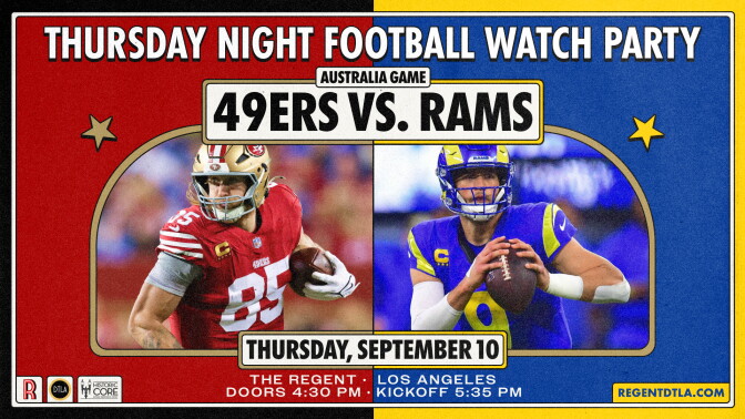 Two football players holding footballs below a header that says THURSDAY NIGHT FOOTBALL WATCH PARTY