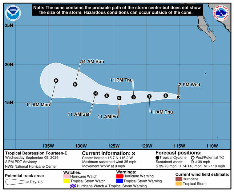 Tropical Depression Fourteen-E formsin East Pacific
