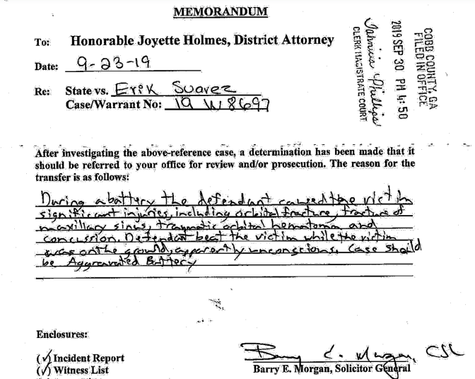 A memorandum from a solicitor general to a district attorney refers a battery case for prosecution, citing injuries to the victim.