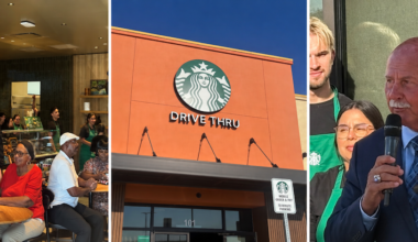 Three-panel image showing the dining room, drive-thru entrance and Mayor Jerry Dyer speaking at the opening of Fresno’s largest Starbucks in Southwest Fresno.