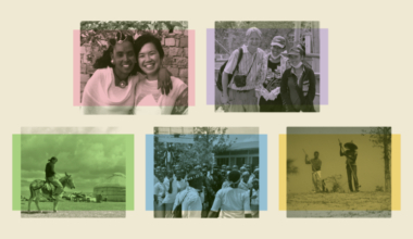 A collage of five photos showing people from UC Berkeley who served in the Peace Corps. The photos include them with members of their host communities The five images have an artistic color filter applied to them.