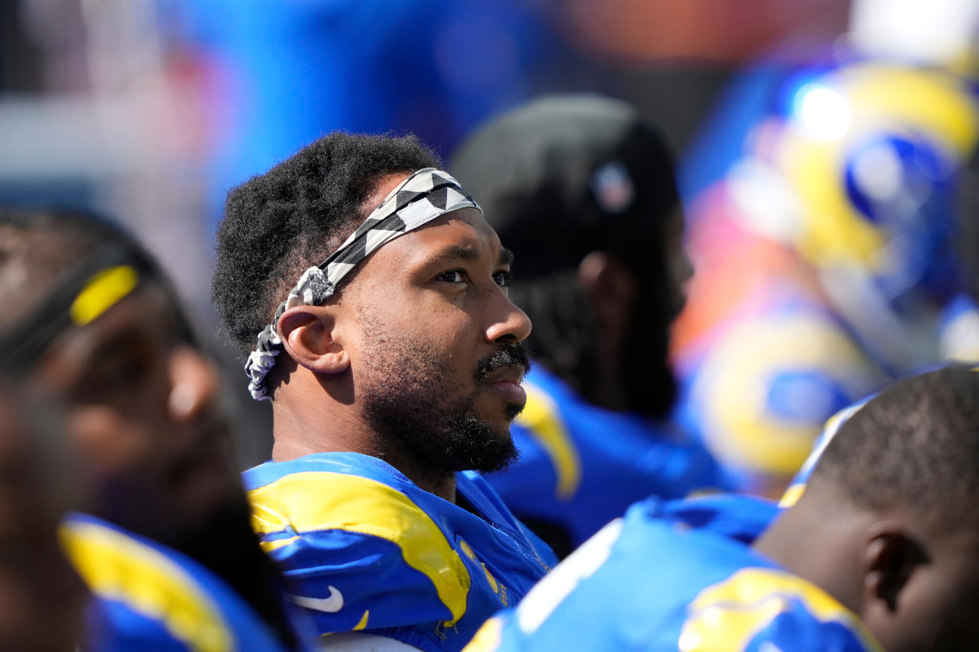 Rams defensive end Myles Garrett sits on the bench late in the fourth quarter during a 27-7 loss to the 49ers.