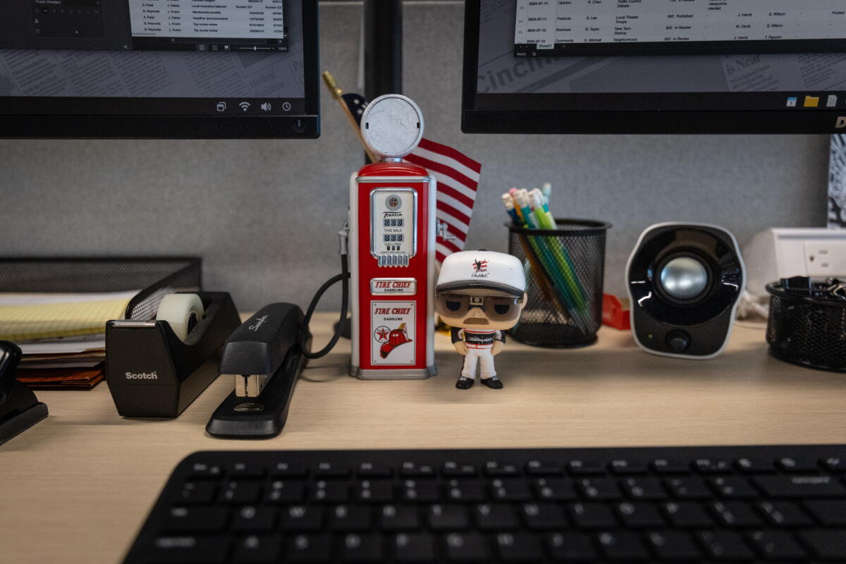Figurines and other memorabilia can be found at a workstation. 