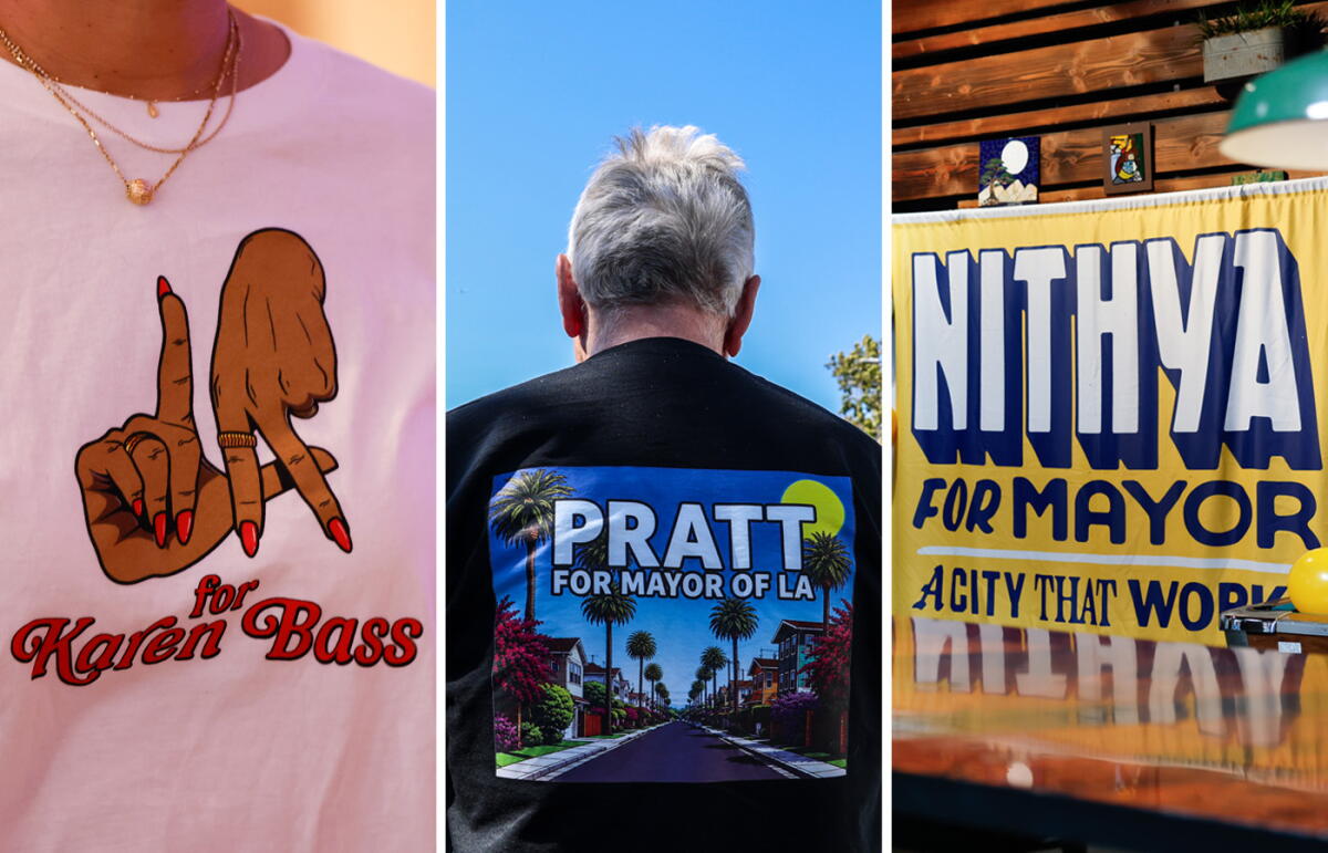 A Karen Bass  campaign shirt, a Spencer Pratt supporter and a sign for Nithya Raman.