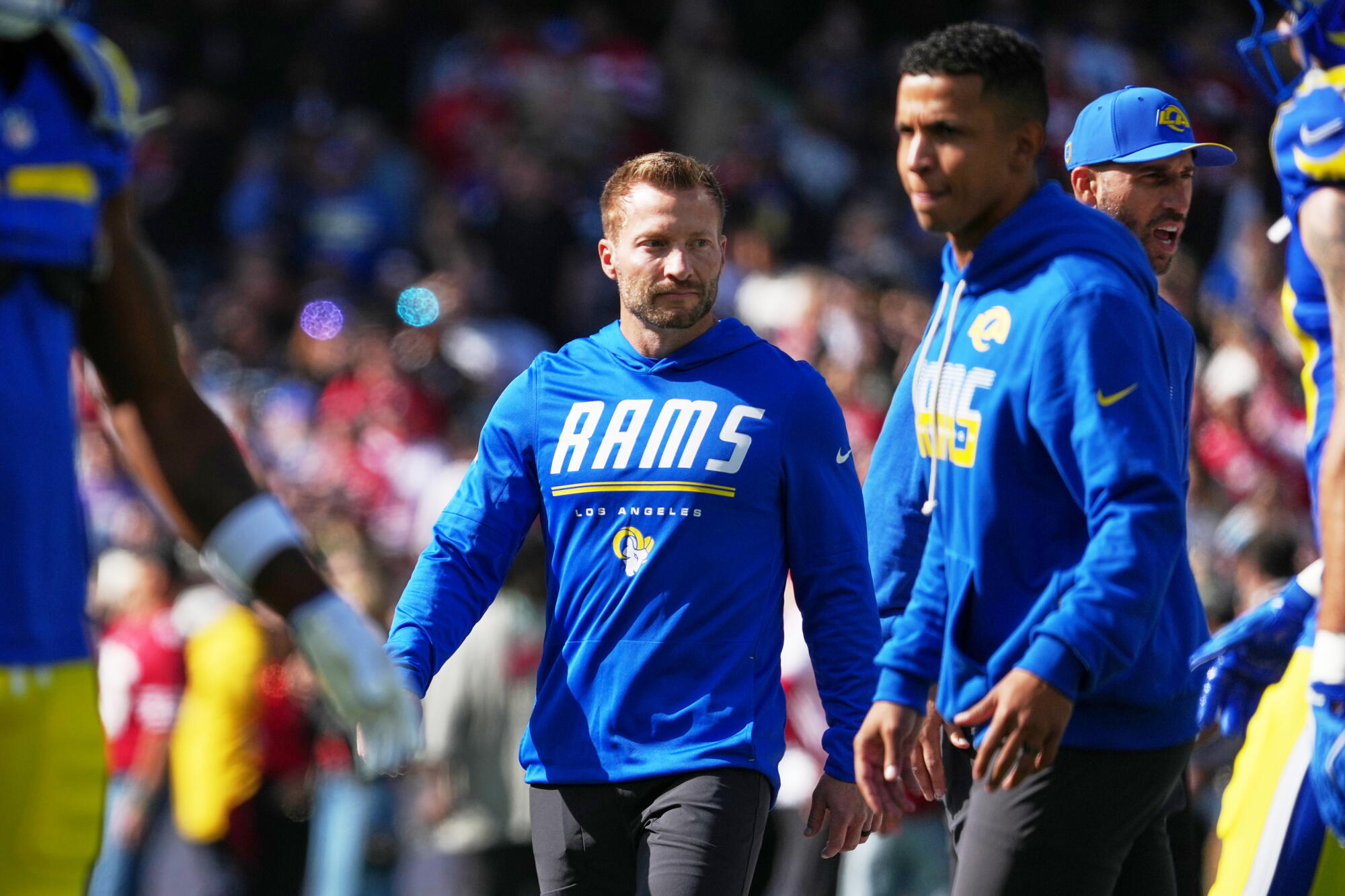 Rams coach Sean McVay walks the sideline during the season-opening loss to the 49ers.