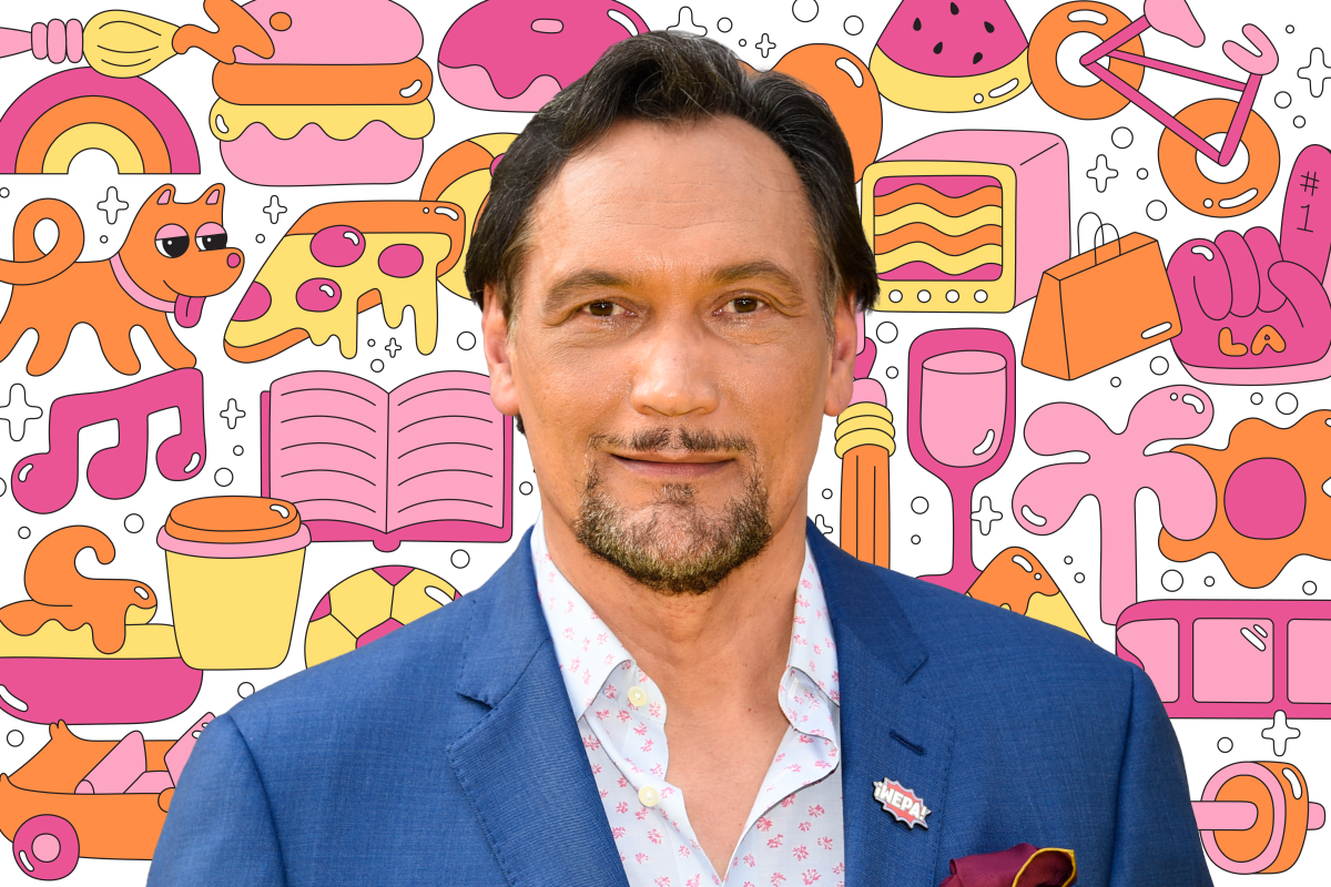 Photo of a person on a background of colorful illustrations like a book, dog, pizza, TV, shopping bag, and more