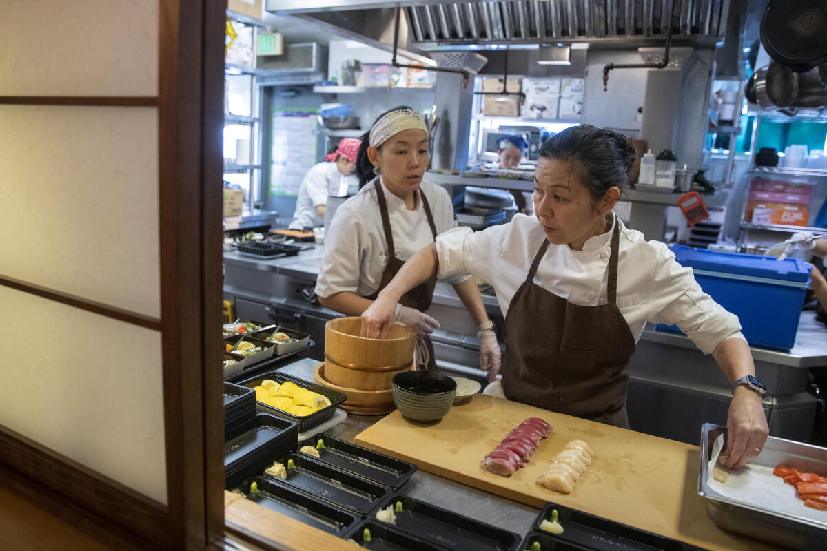 LOS ANGELES, CALIF. -- TUESDAY, MARCH 24, 2020: Niki Nakayama, right, with Carole Iida Nakayama in the kitchen at n/naka