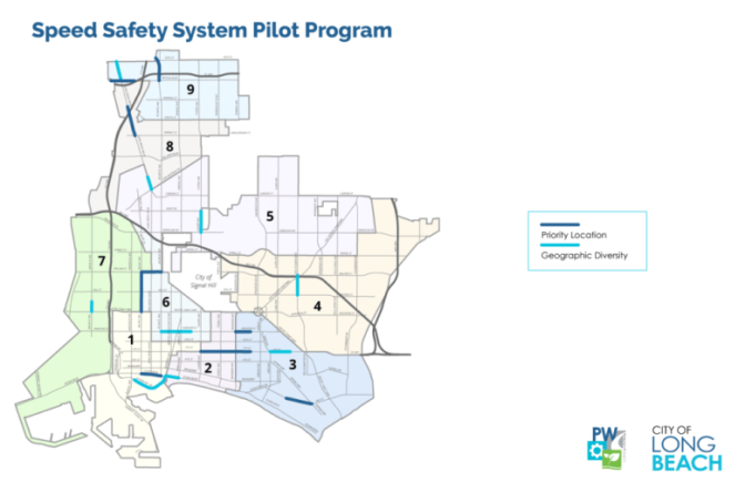 A map showing sky blue and dark blue lines at streets with a title that reads "Speed safety System Pilot Program."