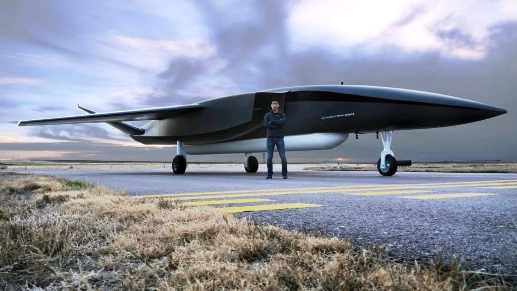 The Aevum RAVN X at its December 2020 rollout with a person standing alongside for scale
