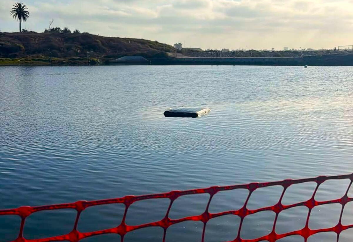 The top of a GMC pickup truck is barely visible after the vehicle plunged into the wetlands off PCH on Saturday morning.