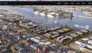 The large building in the middle of all the new housing built on the former home of a diverse ecosystem of marine businesses.
