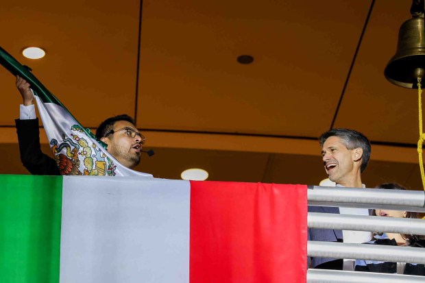 Consul General of Mexico in San Jose, Neftali Said Pérez González, left, alongside San Jose Mayor Matt Mahan, right, delivers "El Grito," or "The Cry," during 216th anniversary Mexican Independence Day celebrations at San Jose City Hall in San Jose, Calif., on Tuesday, Sept. 15, 2026. (Ray Chavez/Bay Area News Group)