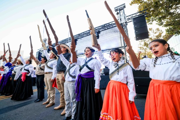 A Mexican folkloric dance group performs before "El Grito," or "The Cry," which would be delivered by Consul General Neftali Said Pérez González during the 216th anniversary of Mexican Independence Day celebrations at San Jose City Hall in San Jose, Calif., on Tuesday, Sept. 15, 2026. (Ray Chavez/Bay Area News Group)