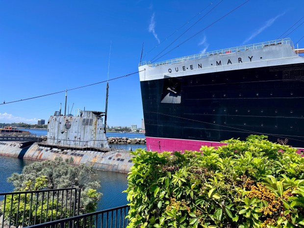 The Scorpion Soviet submarine and Queen Mary cruise ship during the Dark Harbor haunted event in Long Beach Harbor. (Photo by Brady MacDonald, Orange County Register/SCNG)