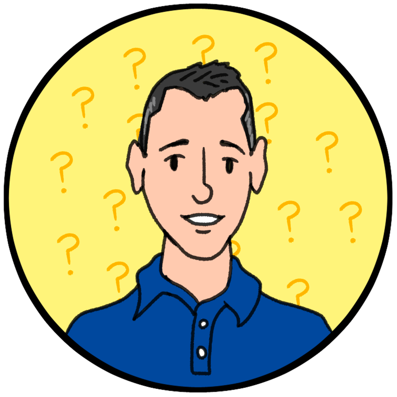 Illustrated portrait of a smiling person with short dark hair, wearing a blue collared shirt, set against a pink circular background.