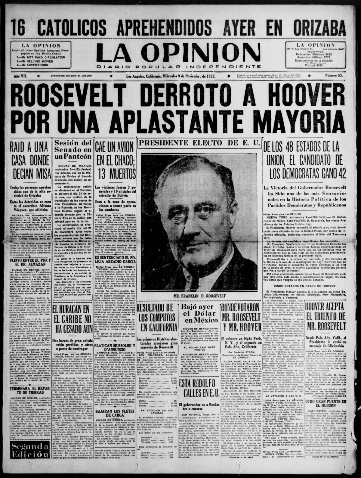 La Opinión front page leading with FDR's defeat of Herbert Hoover