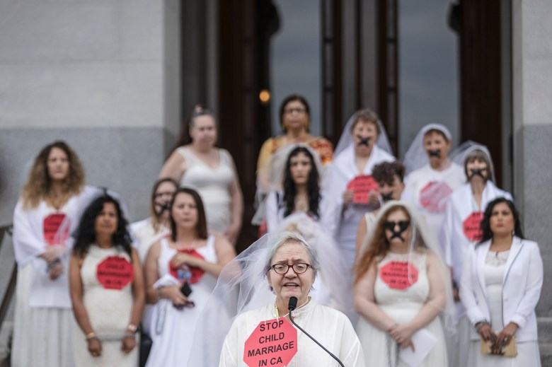 Pat Abatemarco, a child marriage survivor, speaks during a press conference at the state Capitol in Sacramento on June 22, 2023. Photo by Rahul Lal, CalMatters