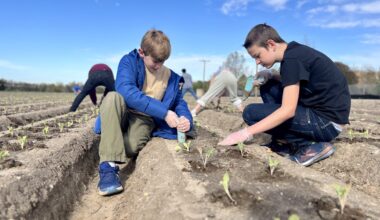 Two students kneel in a farm field planting young seedlings while other participants work in rows behind them under a blue sky.