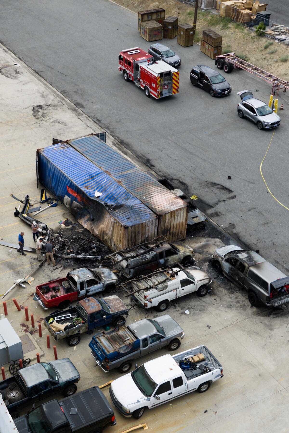 An aerial of the NBC4 news helicopter crash near the Lizard Production building on Sept. 16 in Chatsworth, Calif.