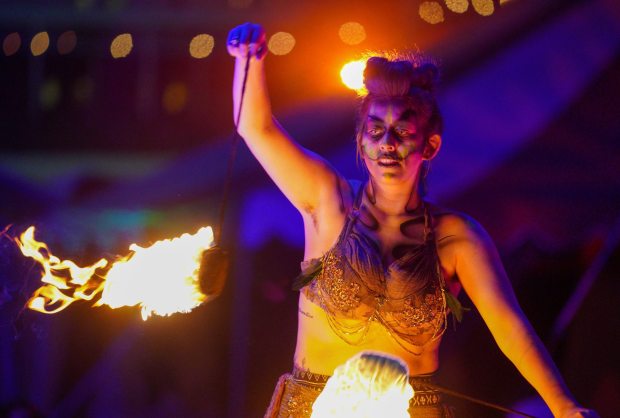 A fire dancers performs at the opening of the Queen Mary's Dark Harbor in Long Beach on Thursday, Sep. 26, 2019. (Photo by Scott Varley, Daily Breeze/SCNG)