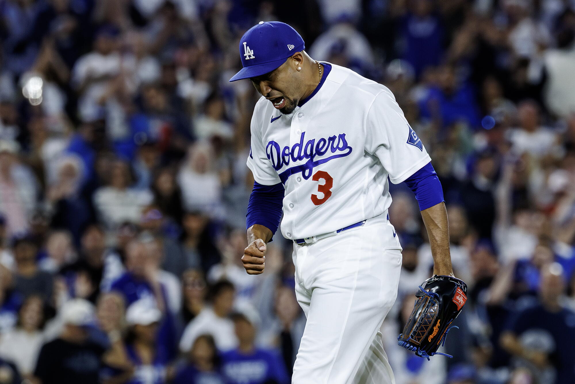 Dodgers reliever Edwin Díaz reacts after the final out of an 8-2 win over the Giants on Friday.