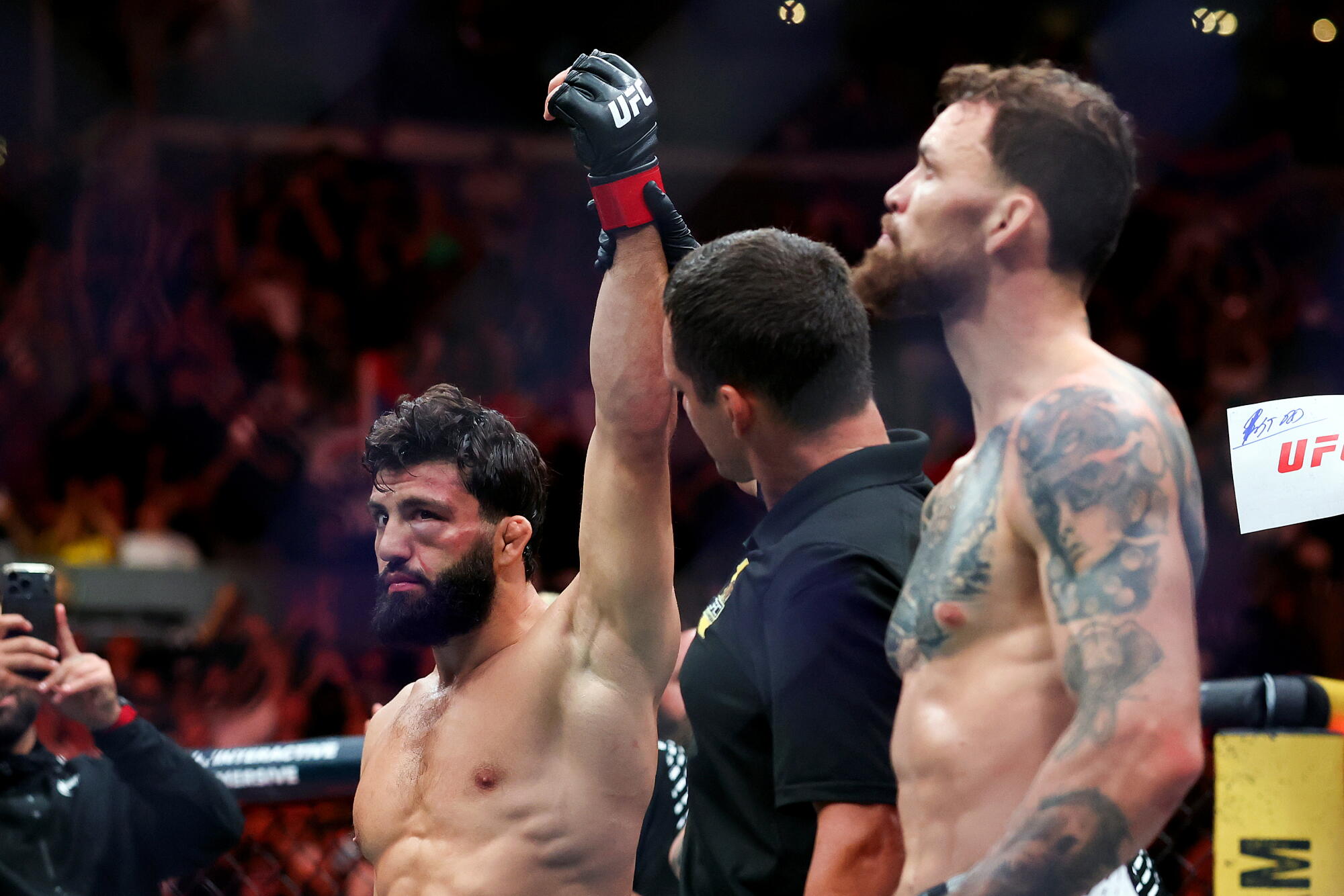 Arman Tsarukyan celebrates after earning a knockout win over Mauricio Ruffy during his UFC 331 lightweight bout.