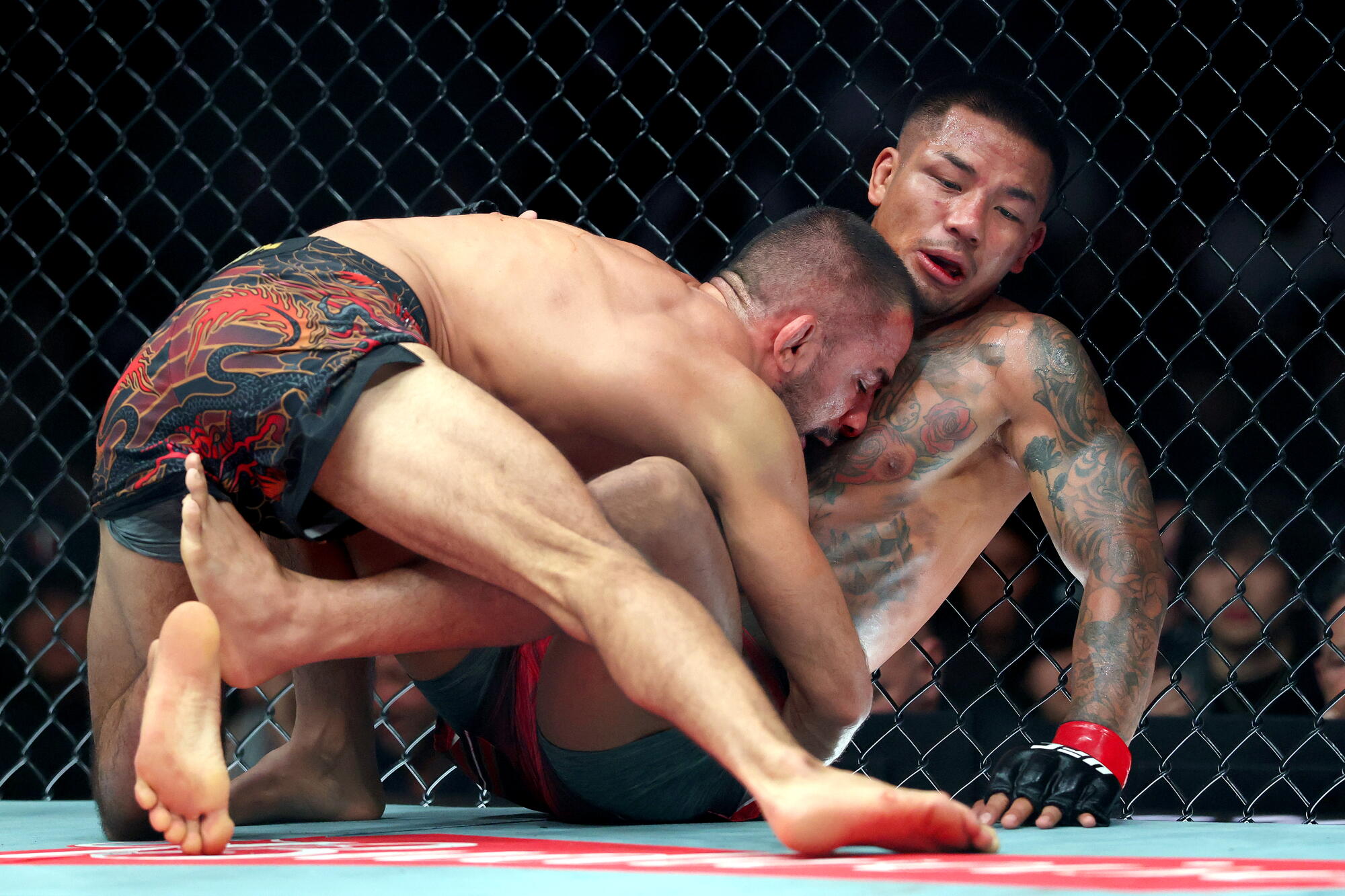 Alexandre Pantoja tries to pin Joshua Van on the ground during their UFC 331 flyweight championship bout.